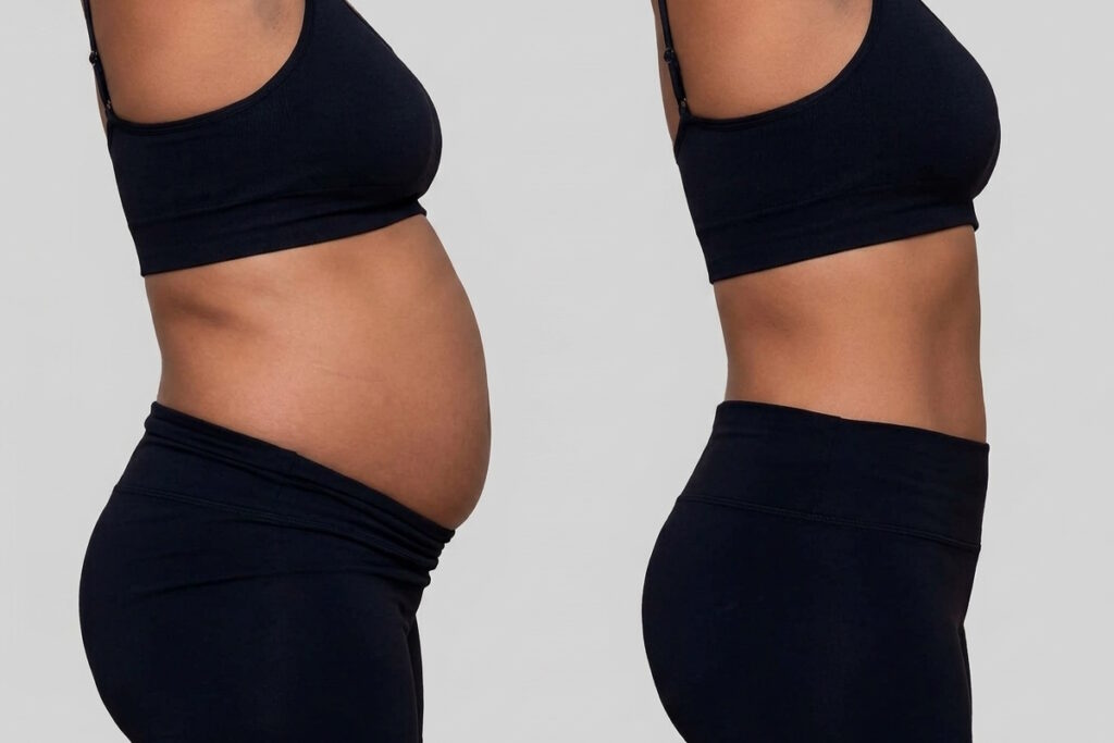 fibroids make your stomach look pregnant. pictured: before after ufe fibroid treatment